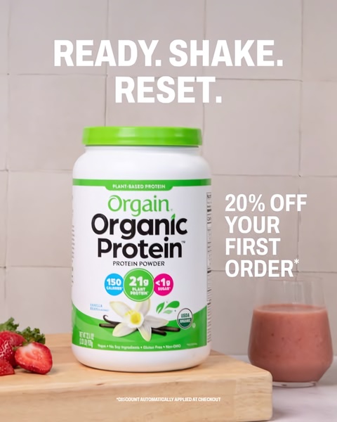A high-contrast, clean 4:5 ad creative showcasing protein powder on a wooden board next to a smoothie, using a simple three-word value proposition.
